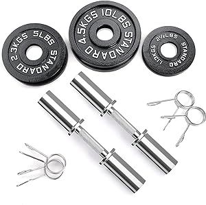 AboveGenius Cast Iron 2-Inch Olympic Plate Weight Set and Pair of 16" Olympic Dumbbell Handles Loadable Dumbbell Bars for Strength Training, Weightlifting and Crossfit in Home & Gym