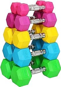 Signature Fitness Colored Rubber Encased Hex Dumbbell, Pairs or Sets, Multiple Packages